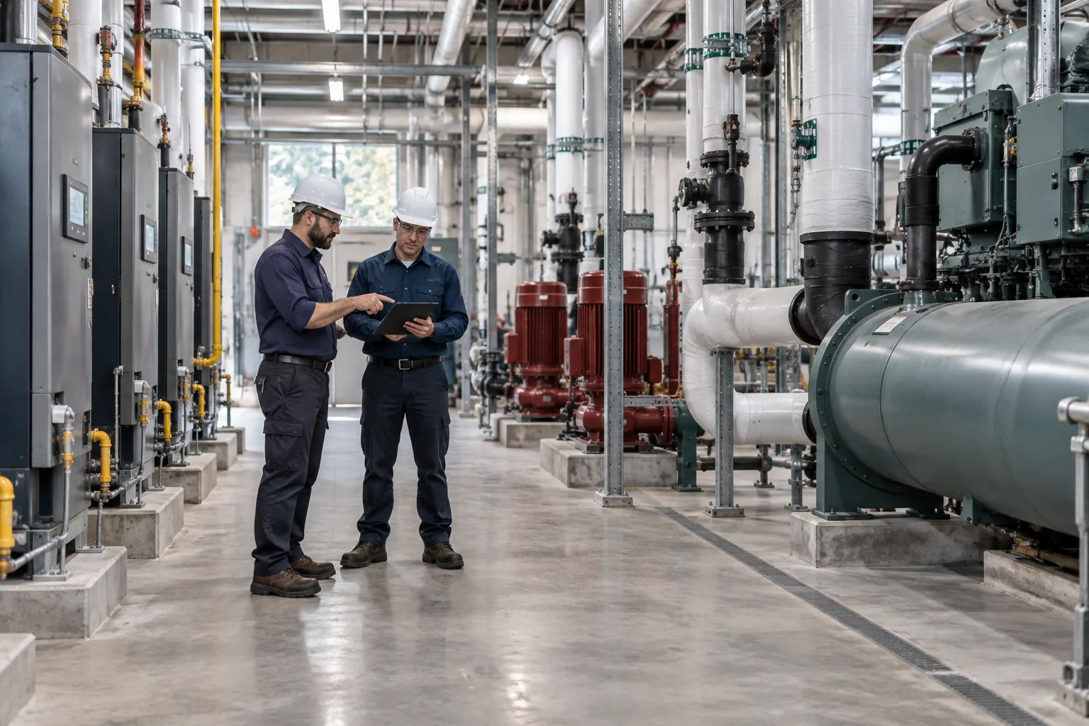 QPH technicians conferring in a large commercial mechanical room with boilers, pumps and chillers in Indiana