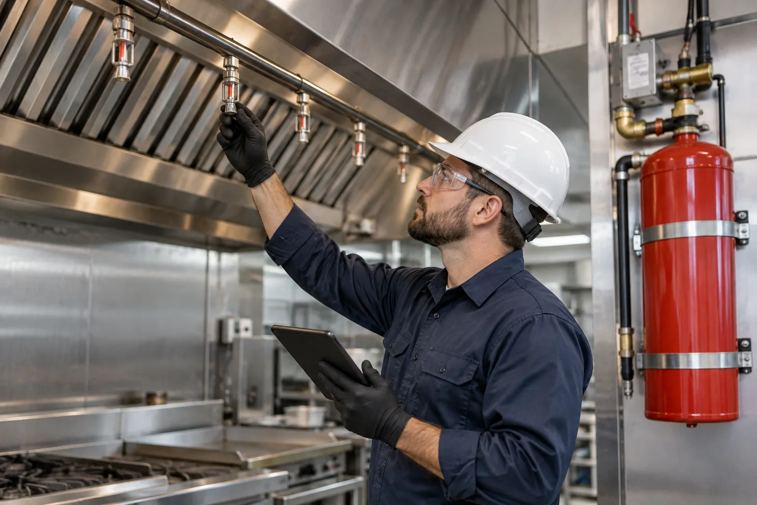 QPH technician inspecting a wet chemical kitchen hood fire suppression system