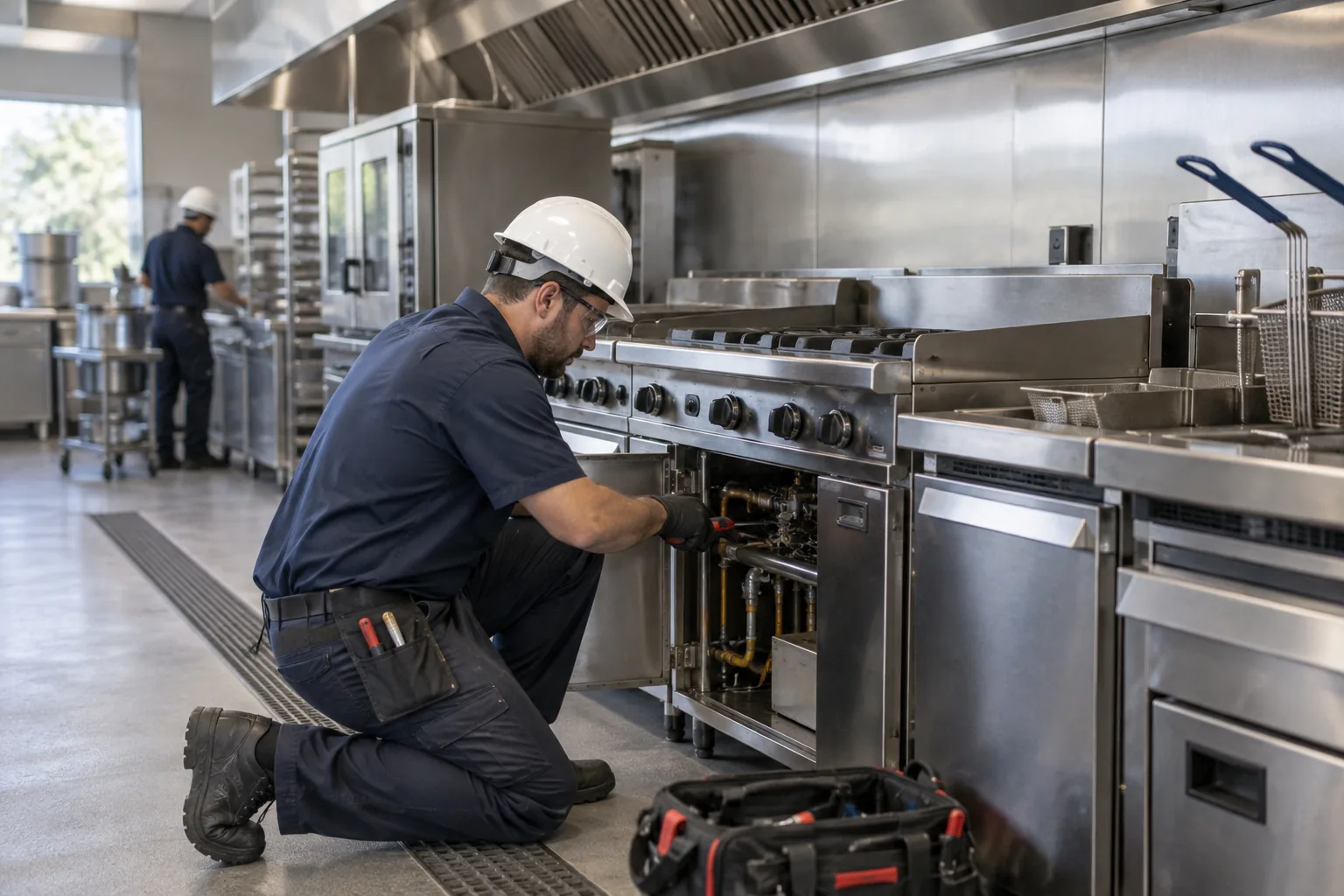 QPH technician repairing a commercial range and fryer line under a stainless exhaust hood in Indiana