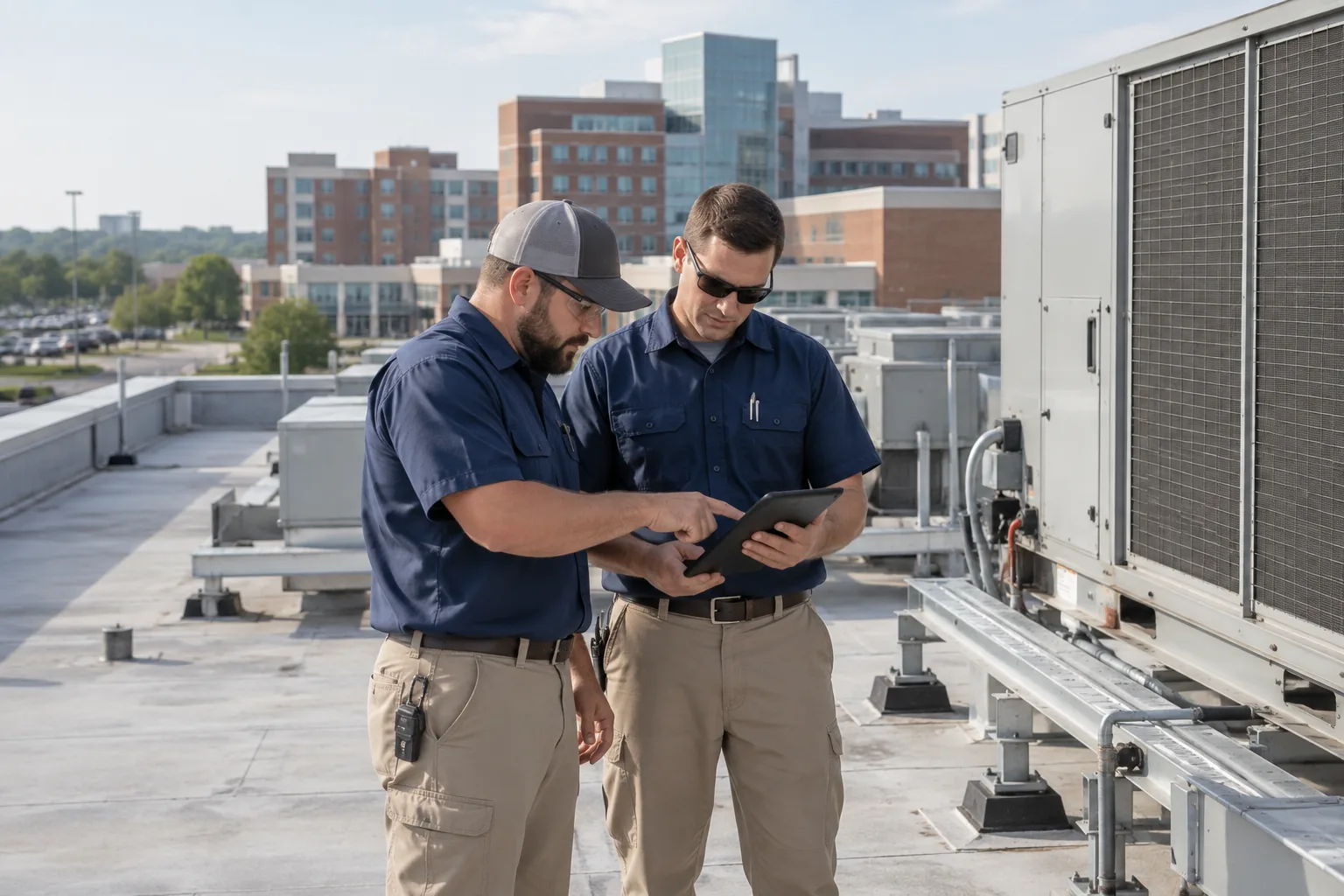 QPH commercial HVAC technicians reviewing a tablet beside rooftop air handling units in Indiana