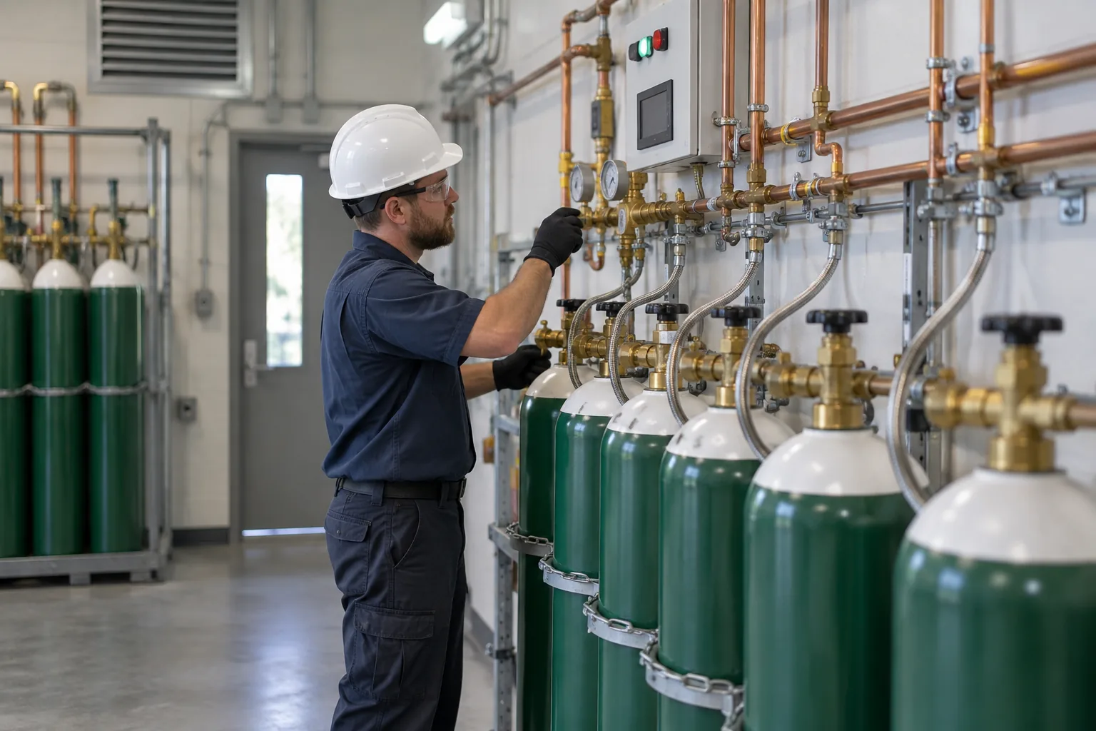 Medical gas manifold and source equipment room with QPH technician adjusting a regulator