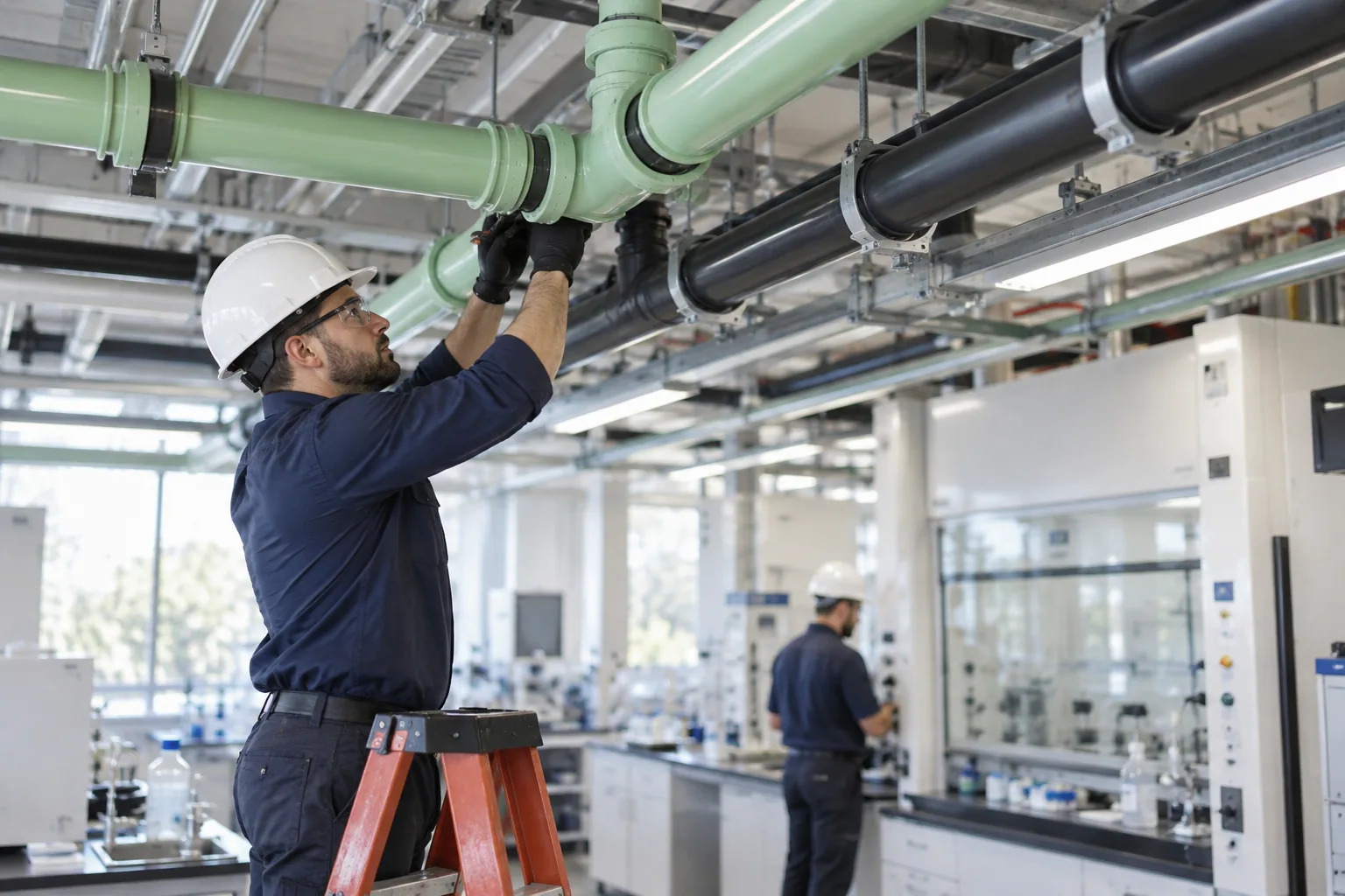 Polypropylene and high-purity plastic process piping installed along a laboratory ceiling