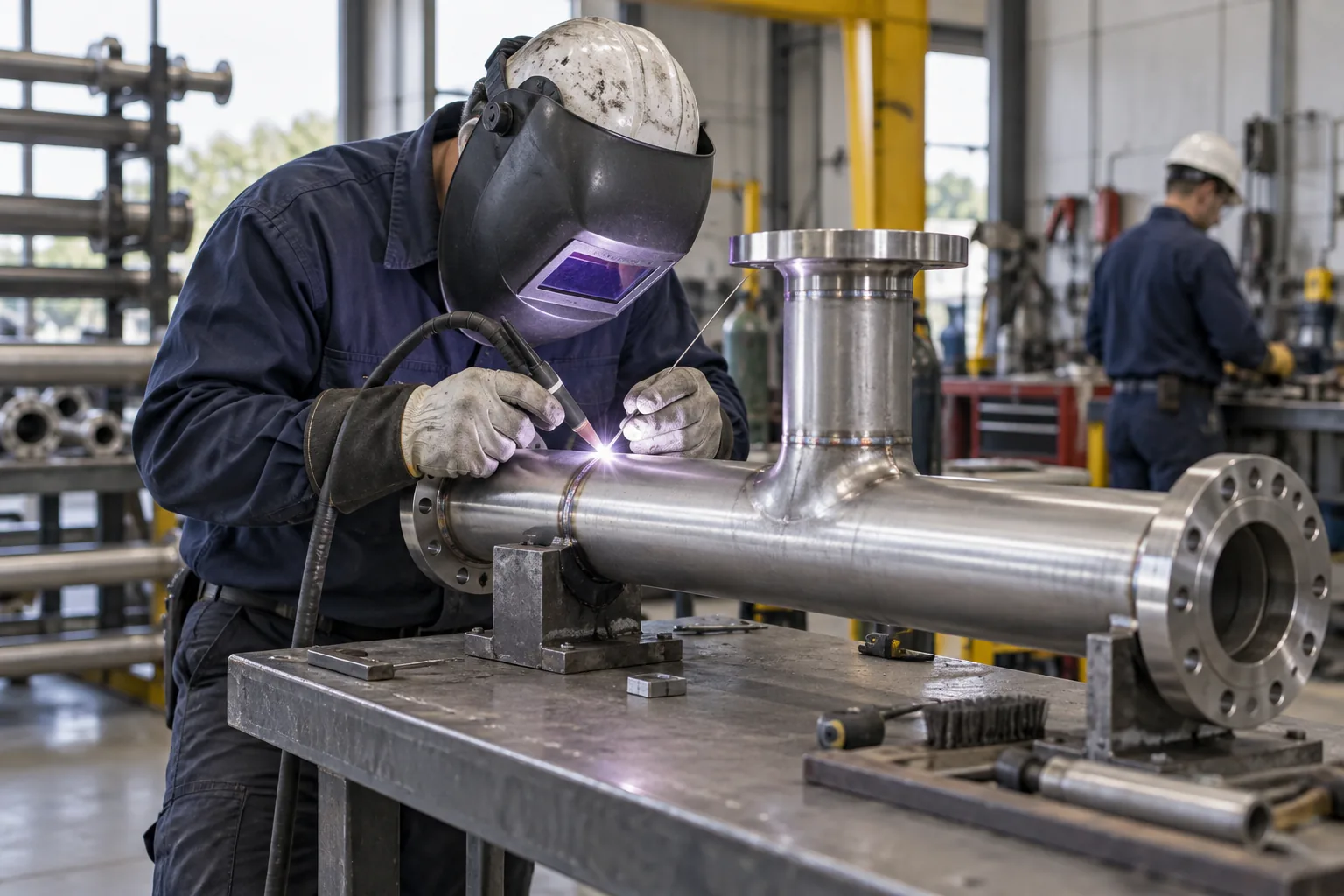 QPH pipefitter welding a stainless steel process pipe spool in the fabrication shop in Indiana