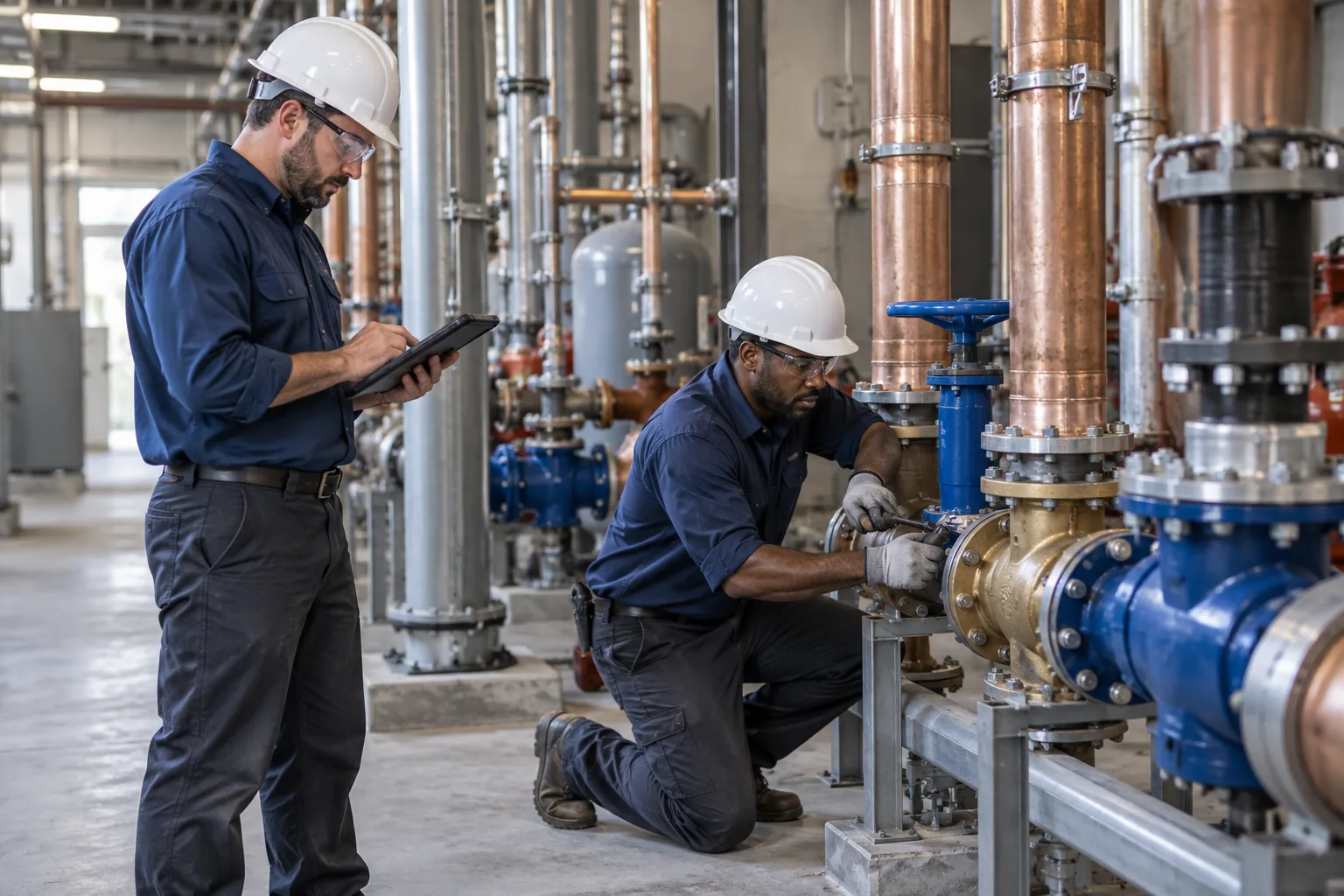 QPH commercial plumbers installing domestic water piping and valves in a hospital mechanical room in Indiana