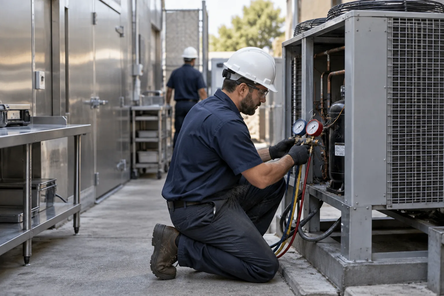 QPH refrigeration technician with gauges servicing a walk-in cooler condensing unit behind a commercial kitchen in Indiana