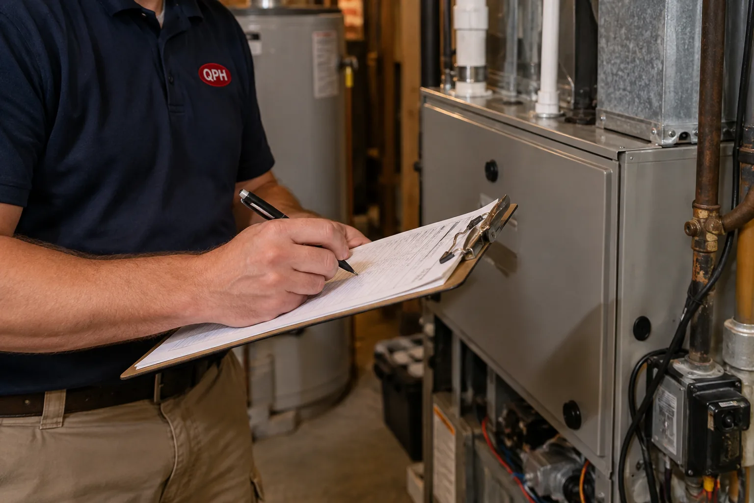 QPH technician writing service notes beside a residential furnace