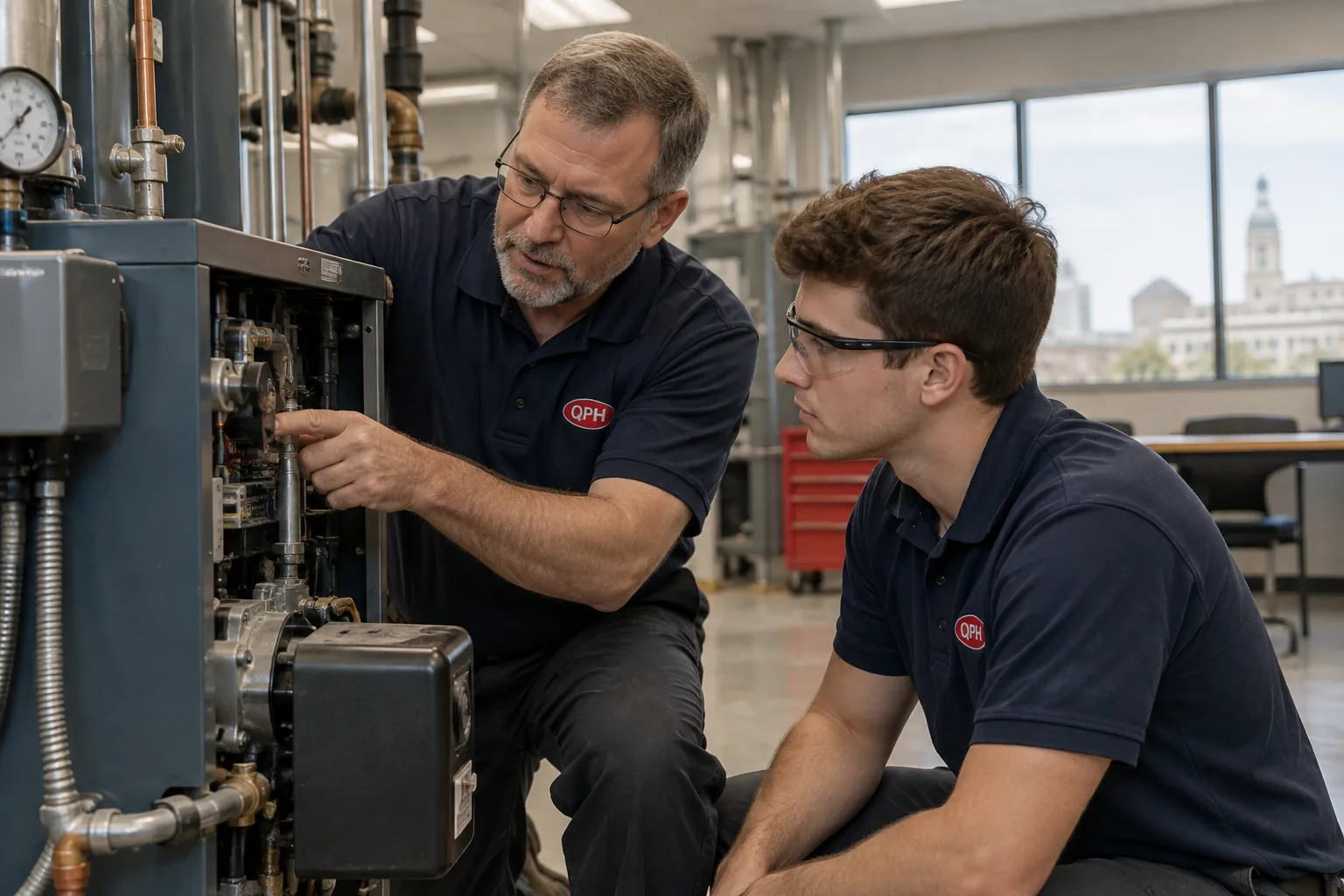 Apprentice learning from a senior QPH technician at a commercial boiler in Kokomo, Indiana