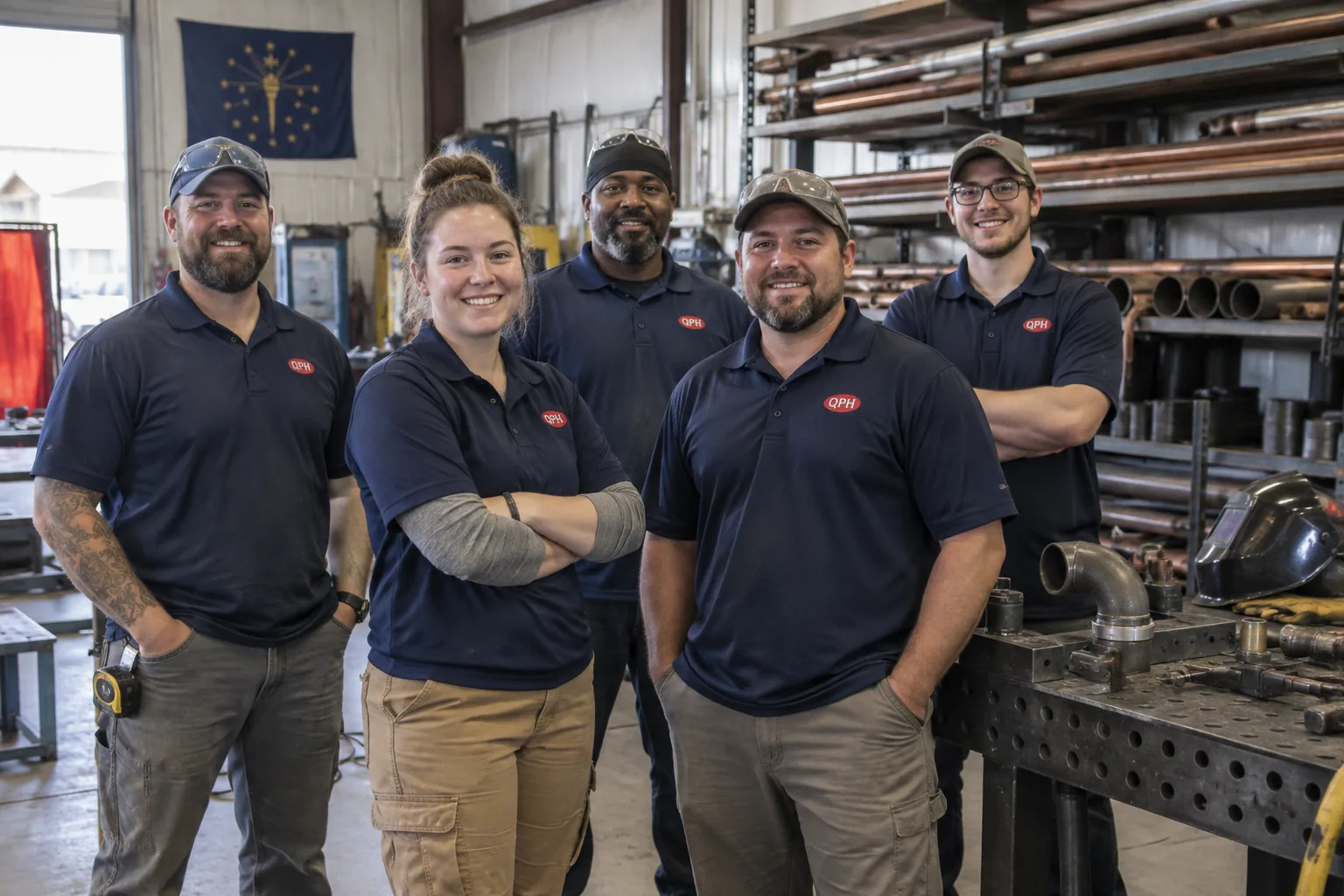 QPH plumbing and HVAC technicians in the fabrication shop
