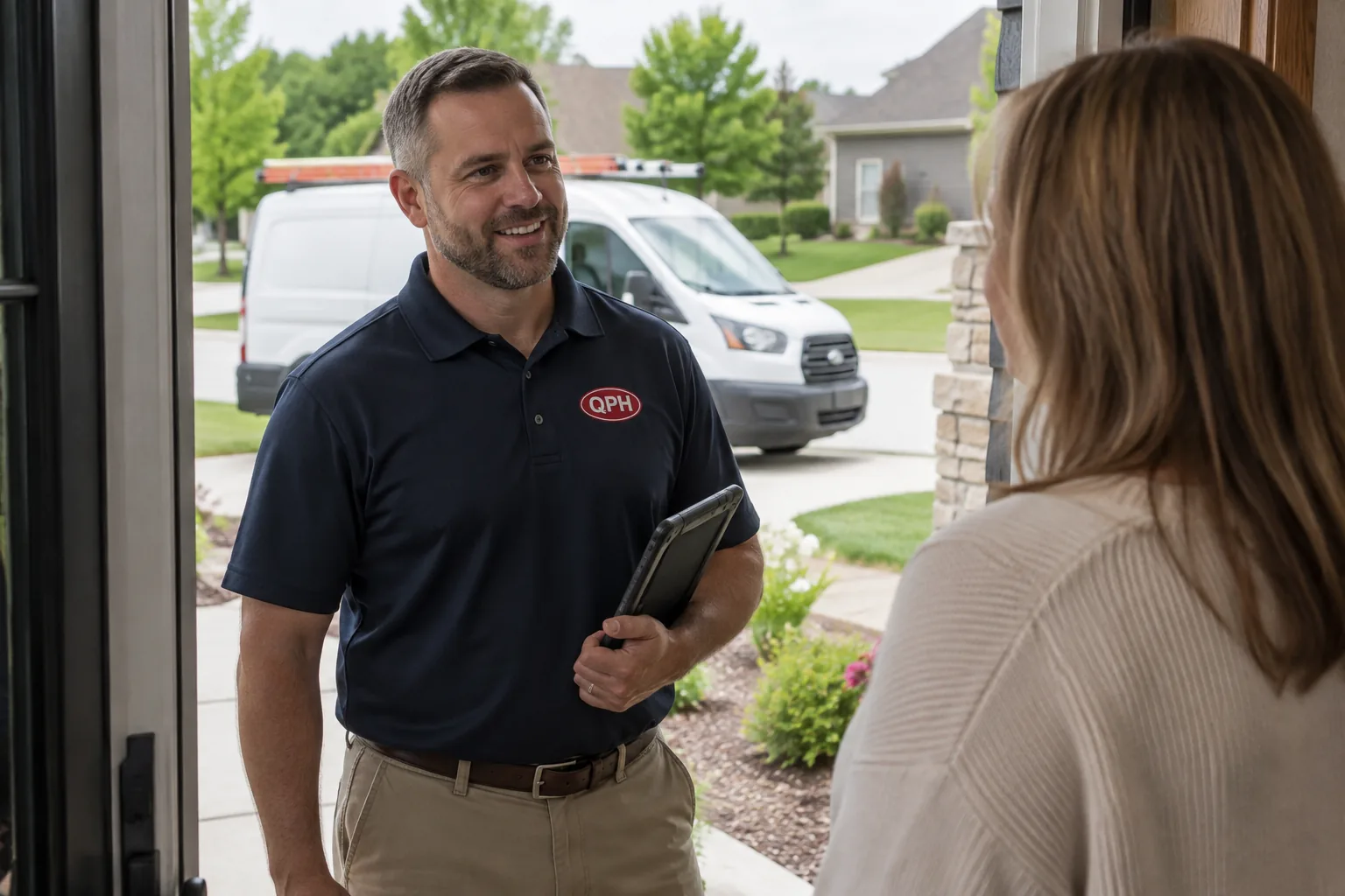 QPH technician talking with a homeowner at the front door