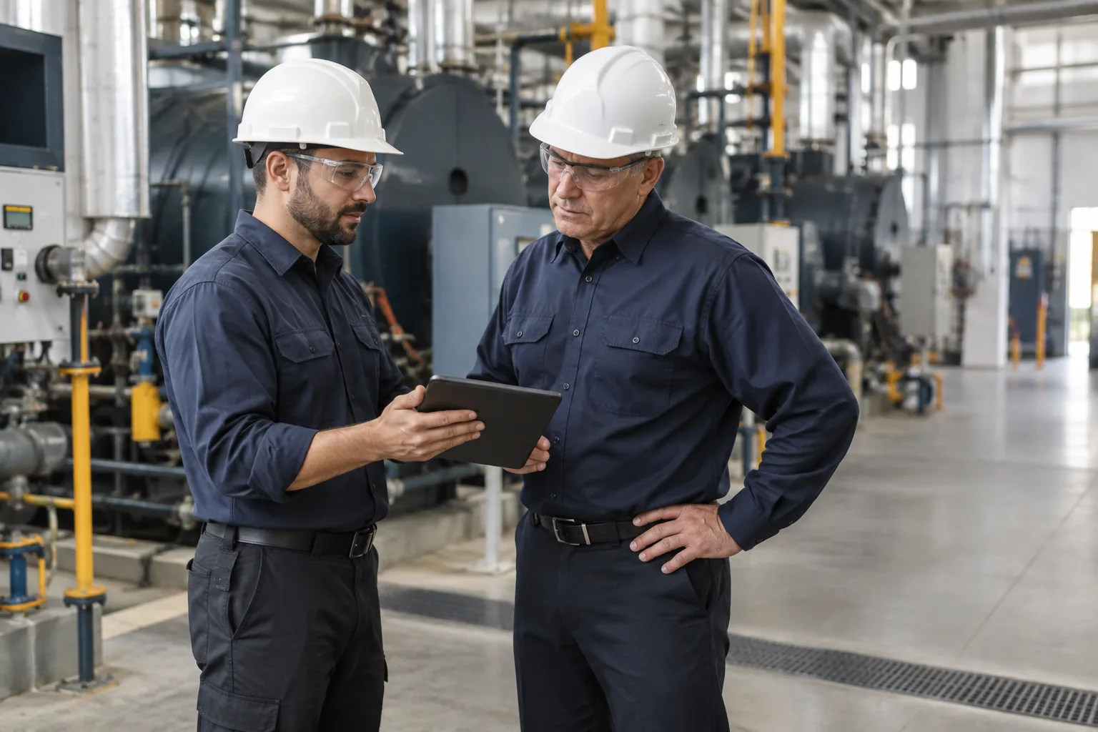 QPH technician handing a maintenance report to a facility director in a boiler room