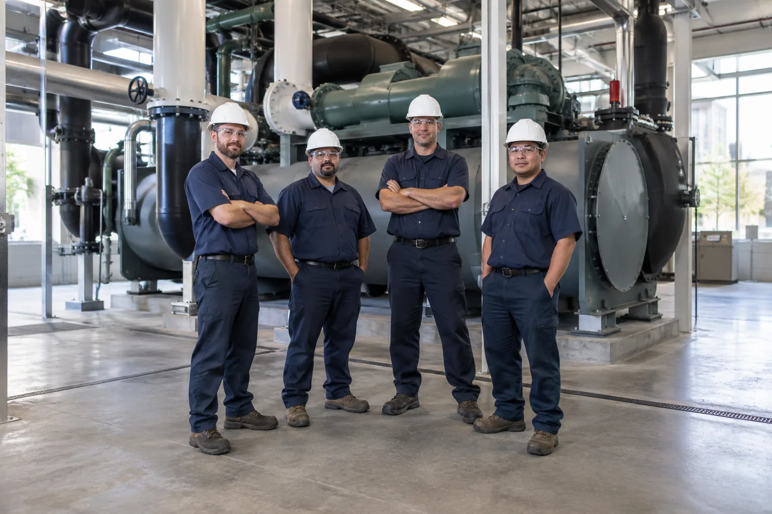 QPH team in front of a chiller plant inside an institutional building in Indiana