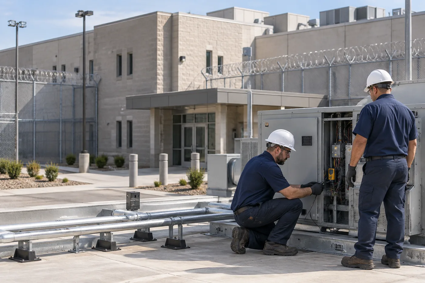 County correctional facility with secure fencing and rooftop mechanical equipment