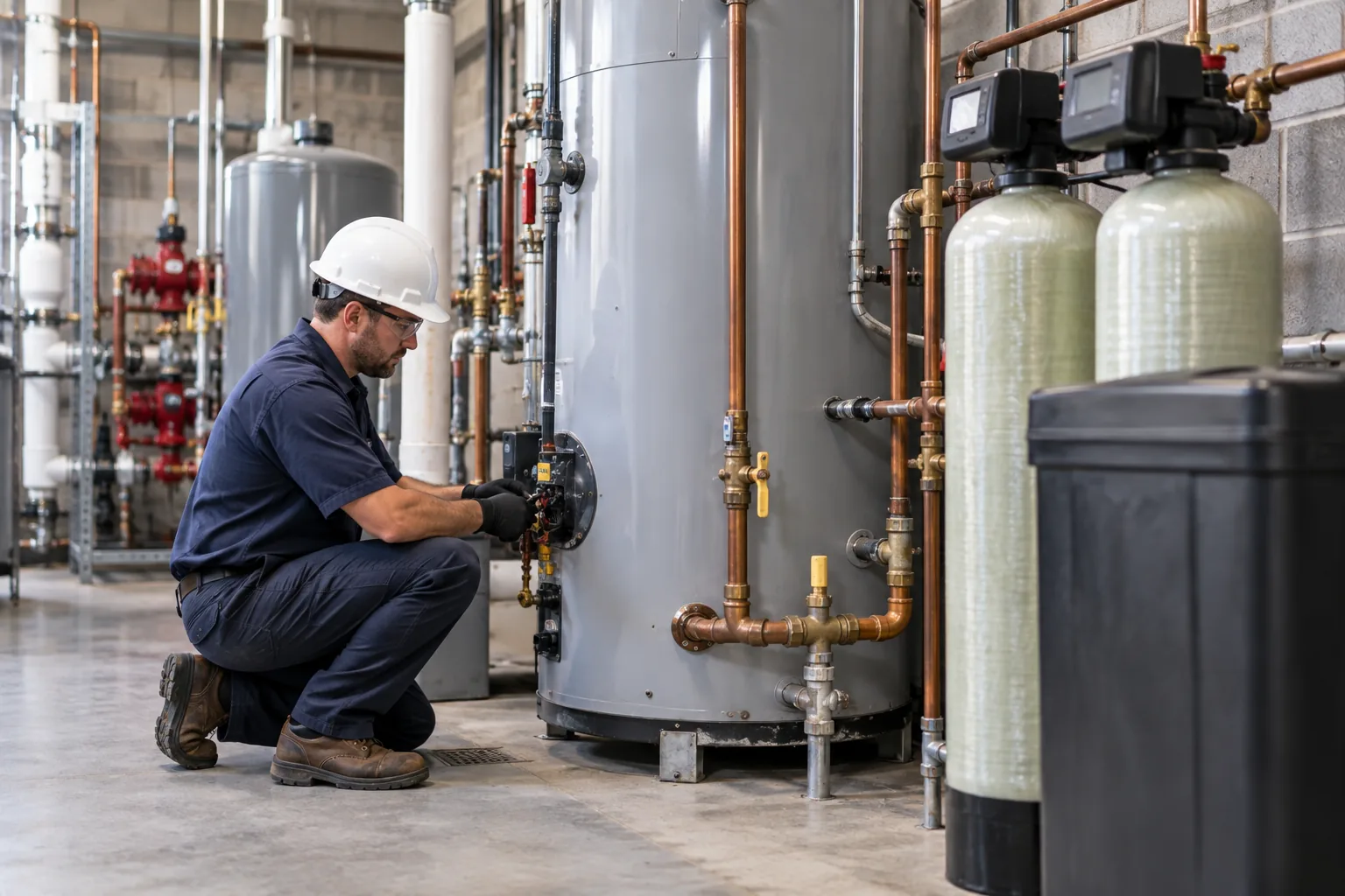 QPH technician servicing a commercial water heater and softener system in an institutional mechanical room