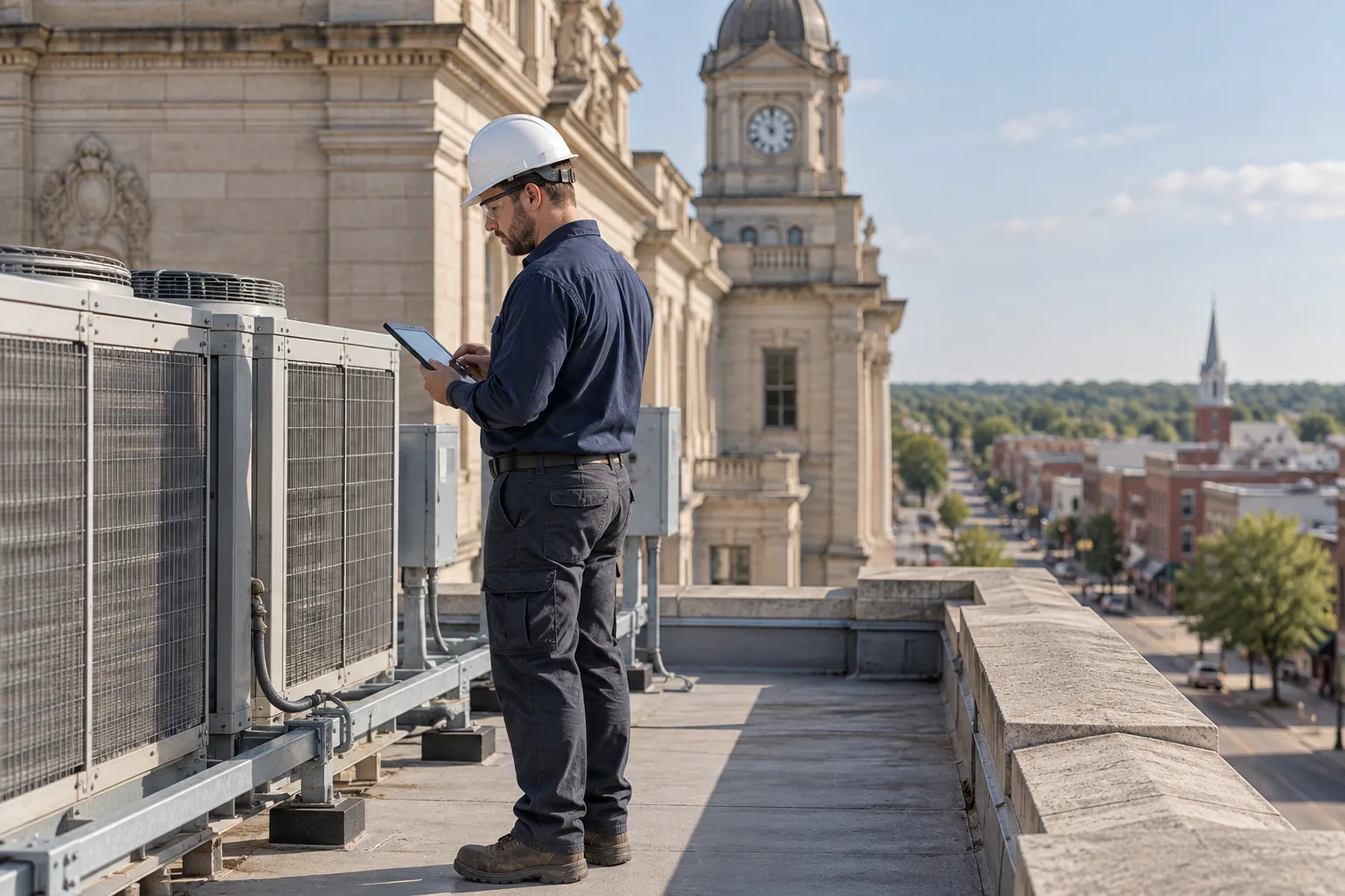 QPH mechanical contractor reviewing rooftop HVAC equipment on a county courthouse roof in Indiana