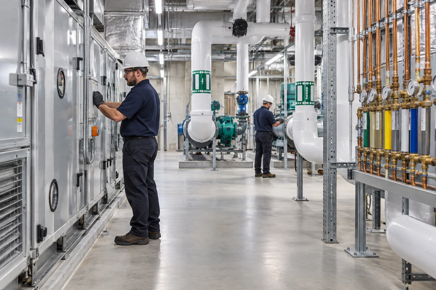 Hospital mechanical room with air handling units, chilled water piping and a medical gas manifold