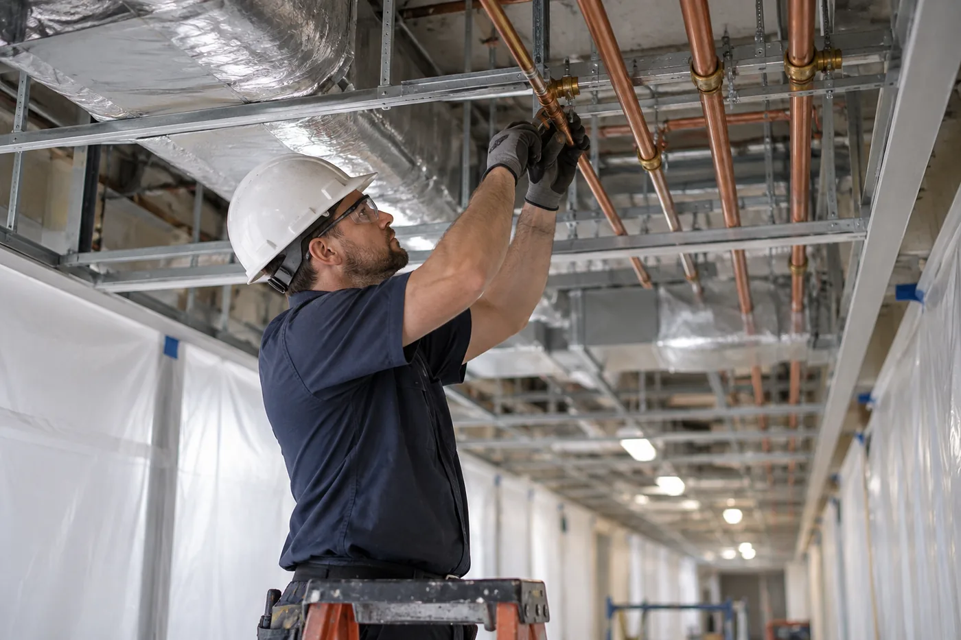 New ductwork and medical gas piping installed above a hospital corridor ceiling during a department renovation