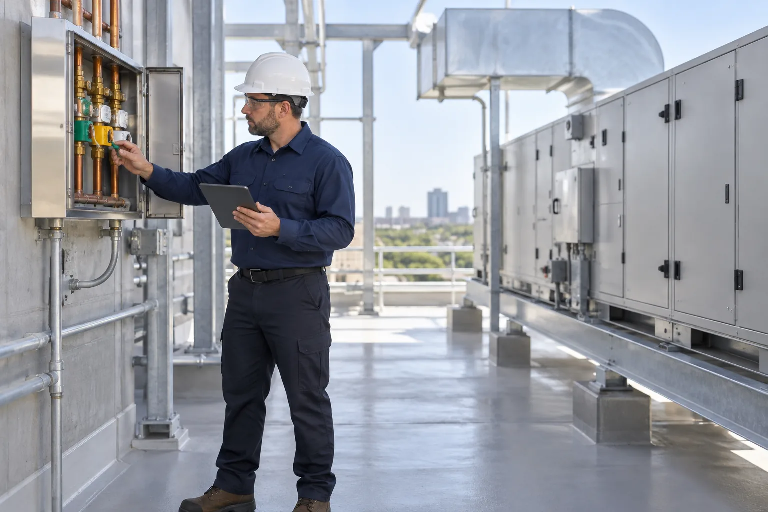 QPH technician inspecting a medical gas zone valve and air handling unit in a hospital mechanical penthouse in Indiana