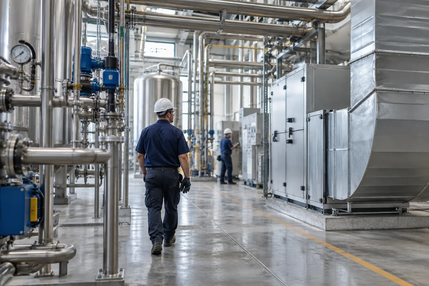 Manufacturing plant interior with overhead process piping and industrial air handling equipment