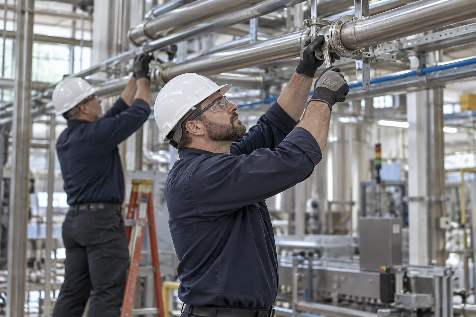 QPH pipefitters installing stainless steel process piping overhead in a manufacturing plant in Indiana