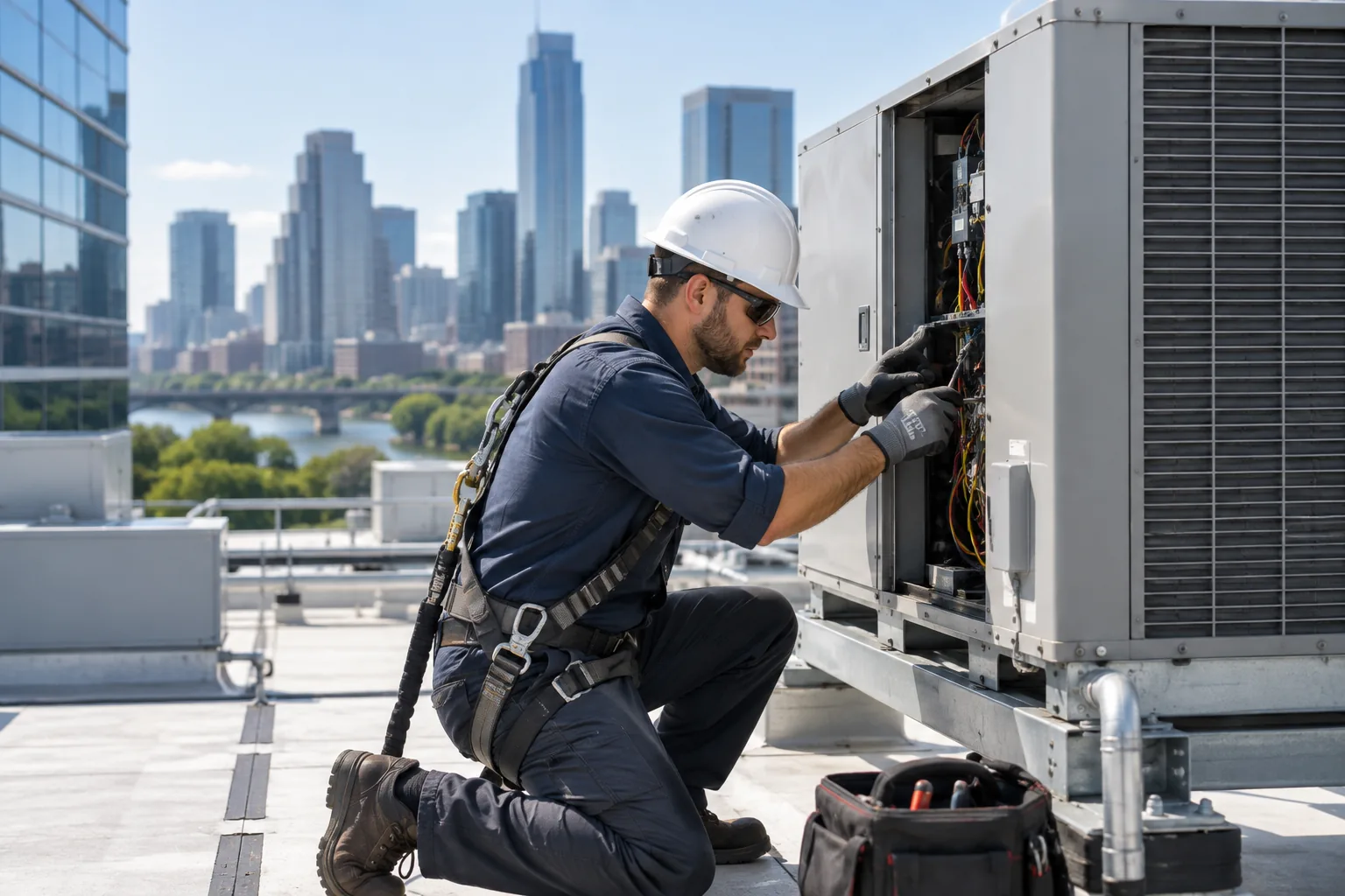 QPH technician servicing a rooftop unit on a mid-rise office building in Indiana