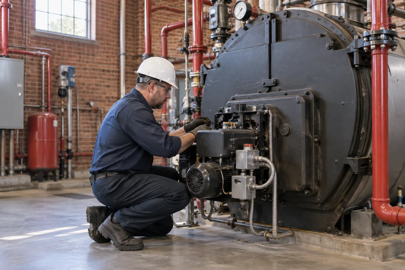 QPH technician servicing a school boiler in a school boiler room in Indiana