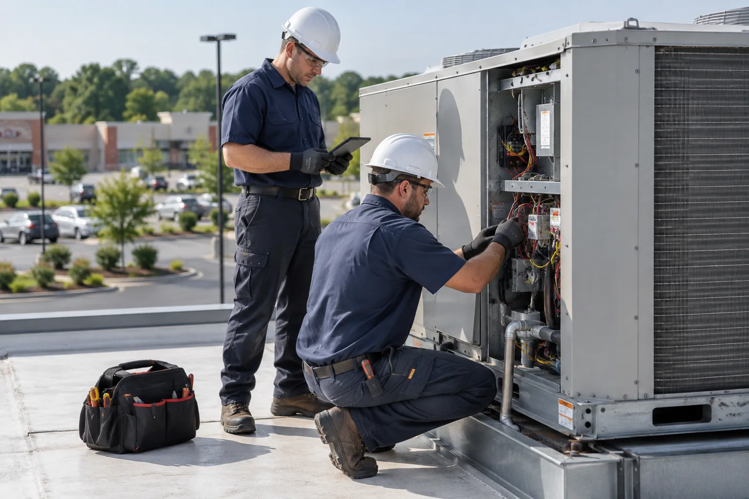 QPH technicians servicing a rooftop unit on a Fishers retail center