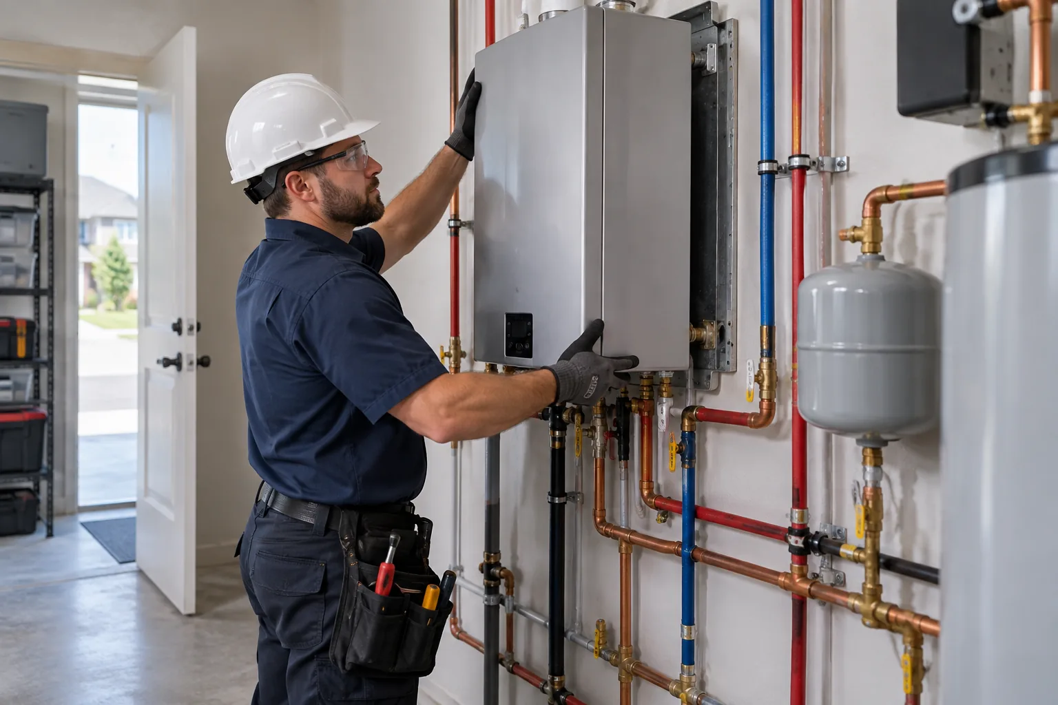 QPH plumber installing a tankless water heater in a Fishers home