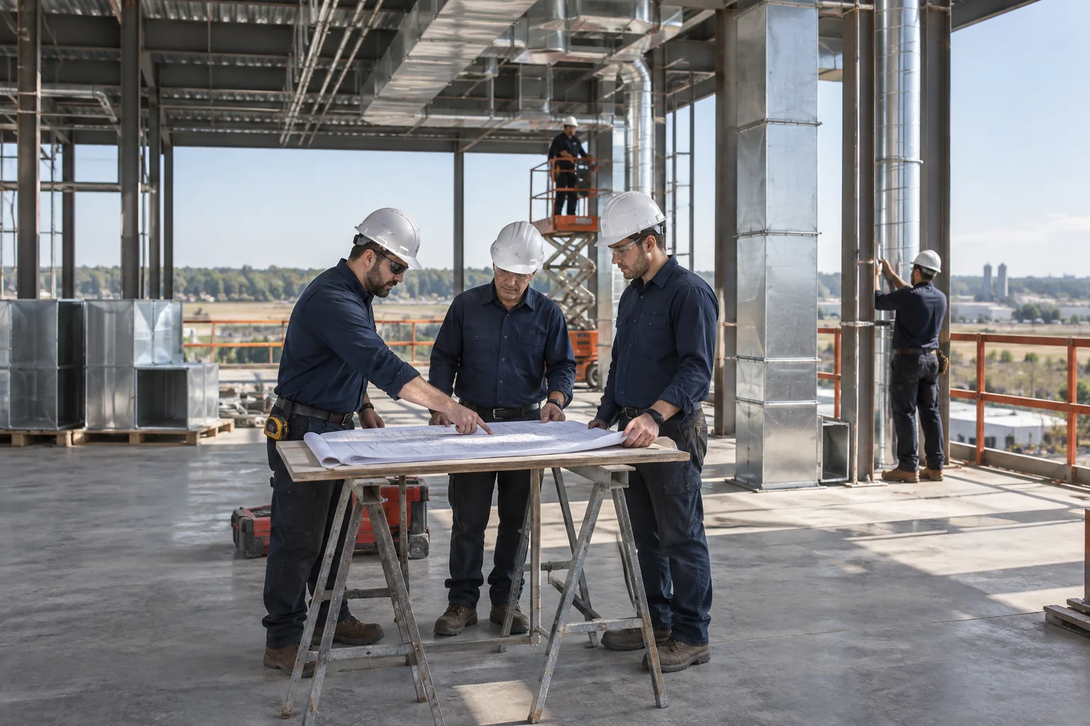 QPH mechanical contractors reviewing plans at an Indiana commercial construction site
