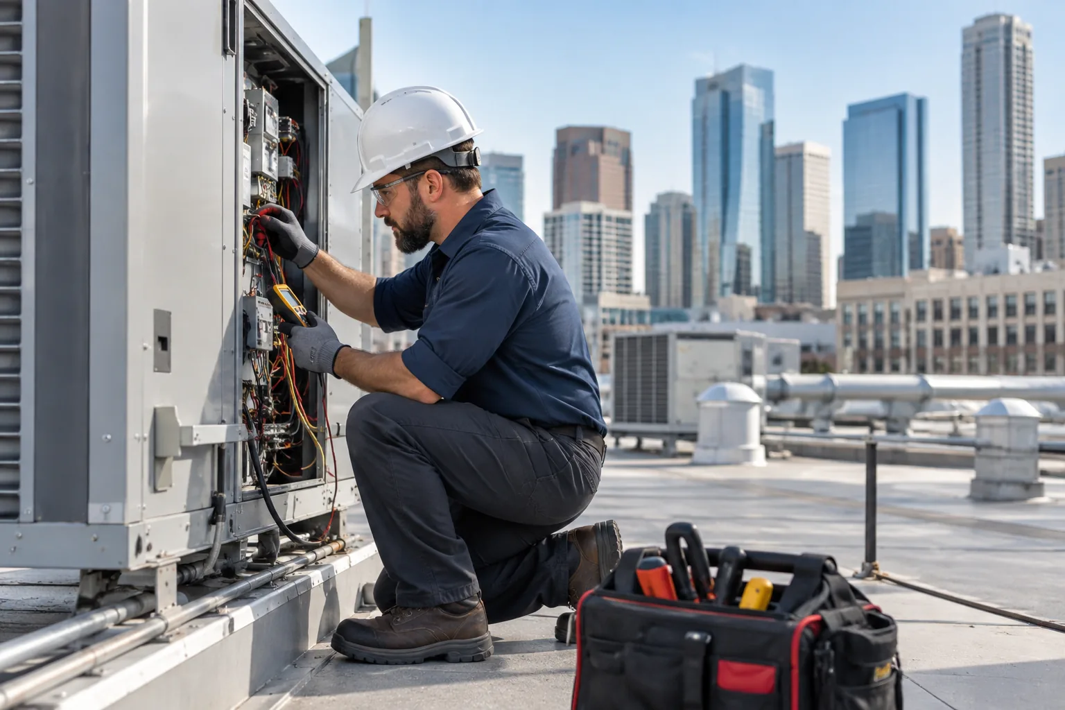QPH technician servicing a rooftop unit on a downtown Indianapolis building