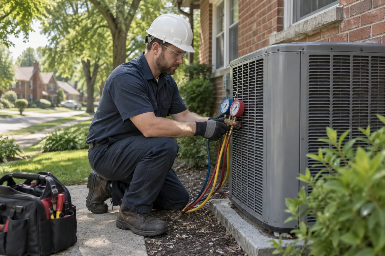 QPH technician servicing an air conditioner beside an Indianapolis home
