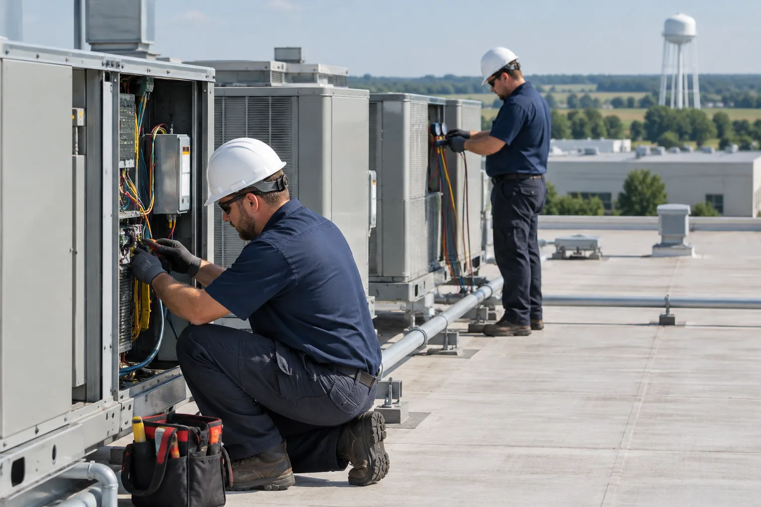 QPH technicians servicing rooftop units on a Kokomo manufacturing plant