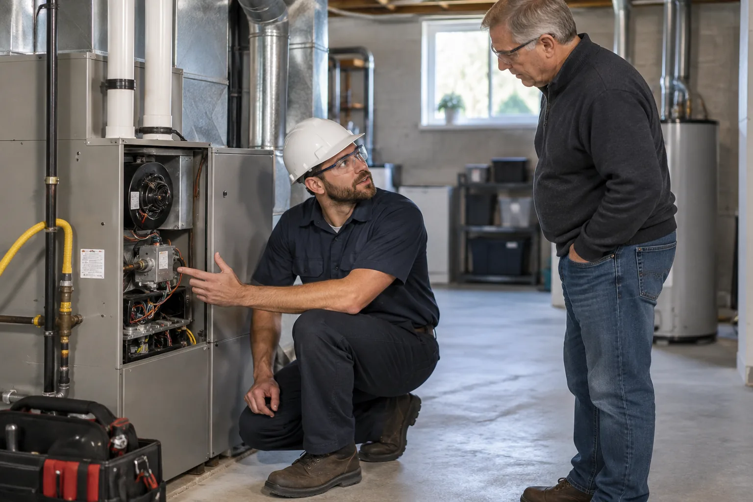 QPH technician explaining a furnace repair to a homeowner in a Kokomo basement utility area