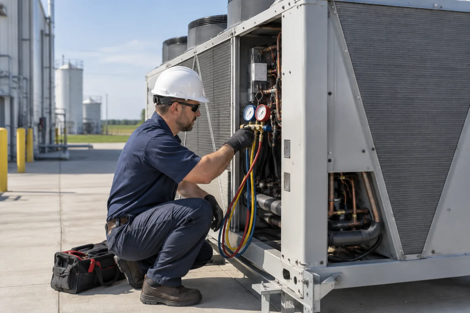 QPH technician servicing an air-cooled chiller at a Lafayette manufacturing plant