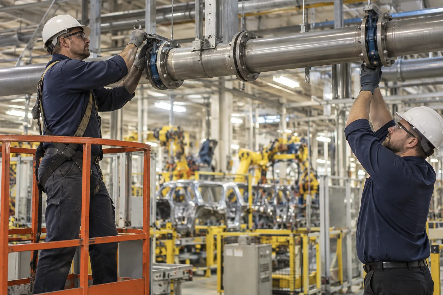 QPH pipefitters installing process piping in a Marion manufacturing plant