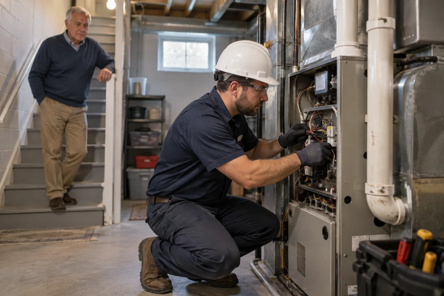QPH technician servicing a furnace in a Marion home