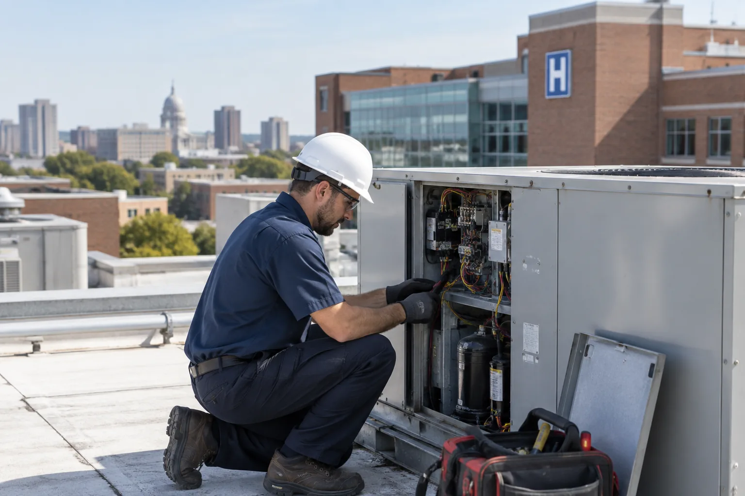 QPH technician servicing a rooftop unit on a Muncie hospital building