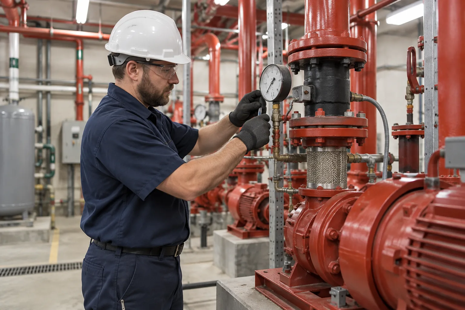 QPH technician servicing a boiler room in a Noblesville school