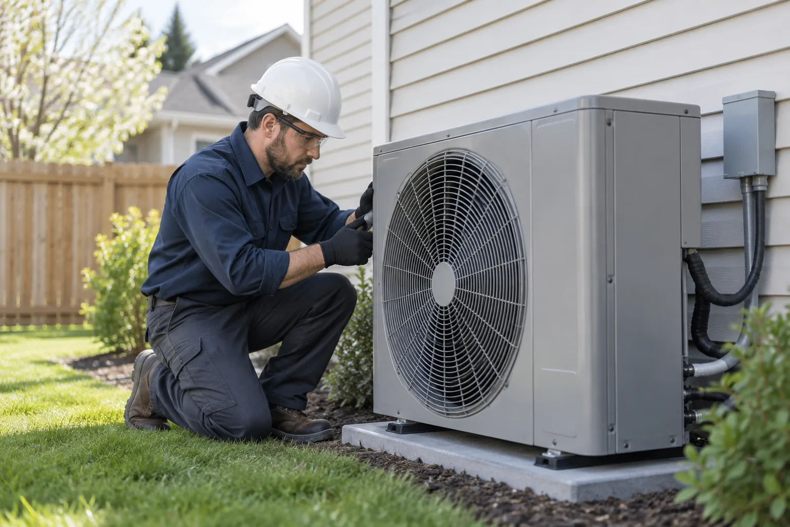 QPH technician inspecting a heat pump beside a Noblesville home
