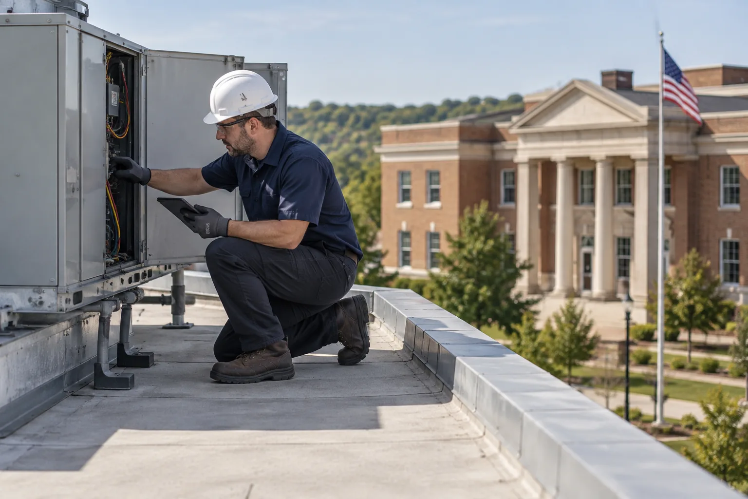 QPH technician inspecting a rooftop unit on a Peru government building