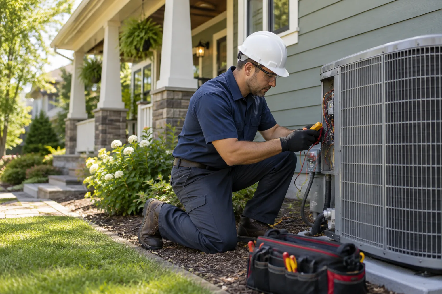QPH technician servicing a central air conditioner beside a Peru home