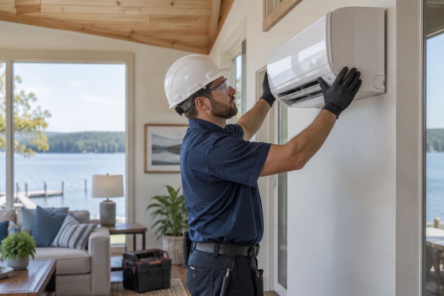 QPH technician installing a ductless mini split in a Rochester lake home