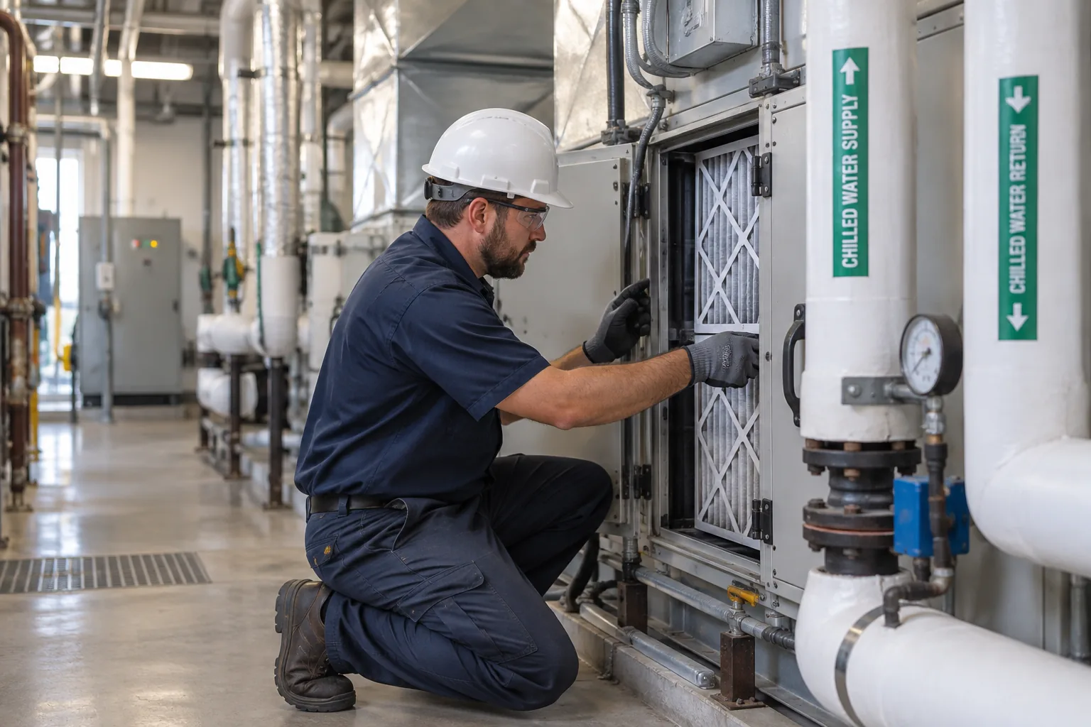 QPH technician servicing an air handling unit in a Tipton healthcare facility
