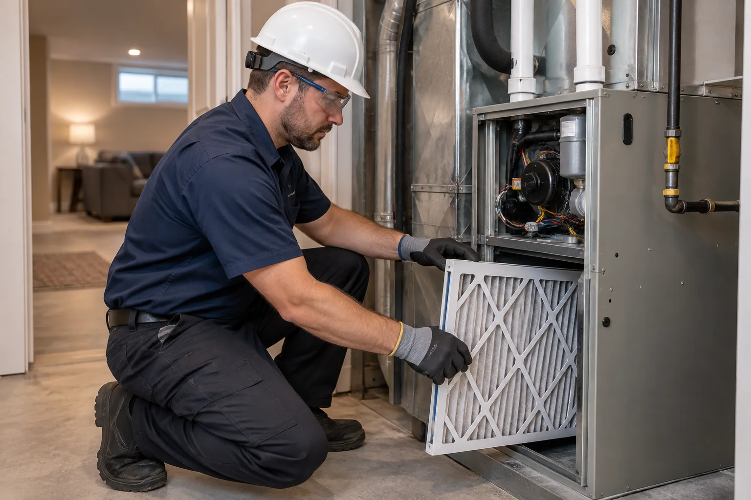 QPH technician inspecting a furnace in a Westfield home