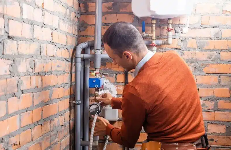 Technician checking valves and gauges on a boiler system